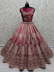Dazzling Pink Embroidered Velvet Bridal Lehenga Choli With Dupatta - Ethnic Plus In