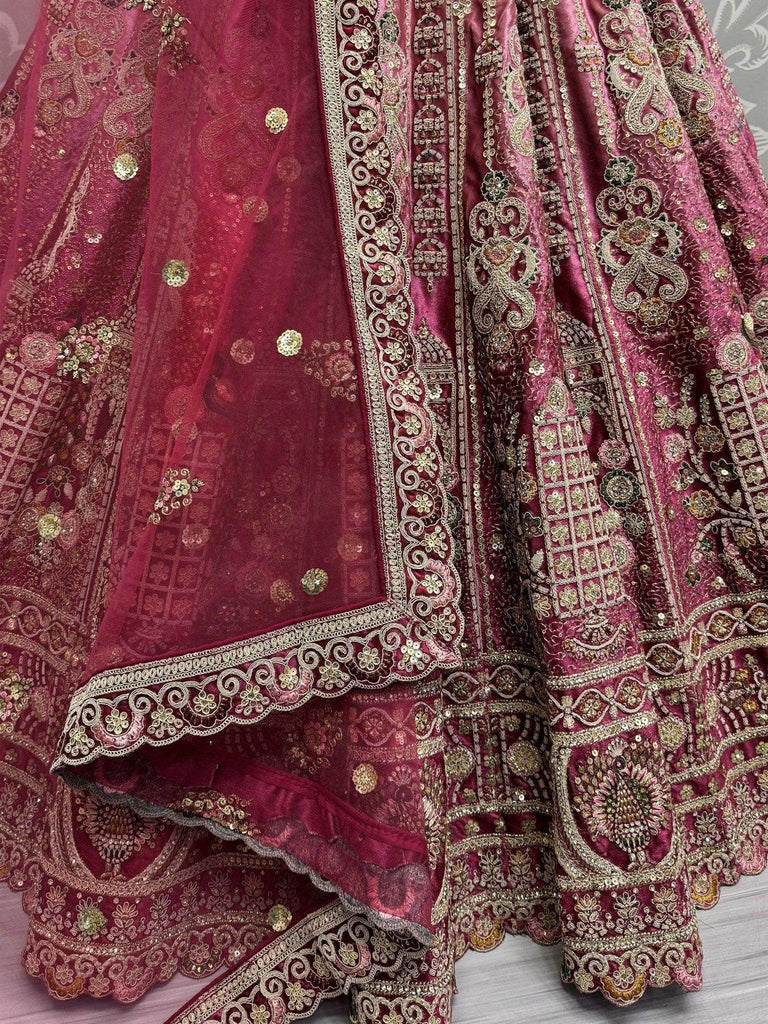 Dazzling Pink Embroidered Velvet Bridal Lehenga Choli With Dupatta - Ethnic Plus In