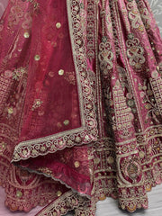 Dazzling Pink Embroidered Velvet Bridal Lehenga Choli With Dupatta - Ethnic Plus In