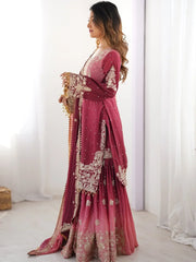 Dazzling Pink Pearl Work Chinon Bridesmaids Sharara Suit - Ethnic Plus In
