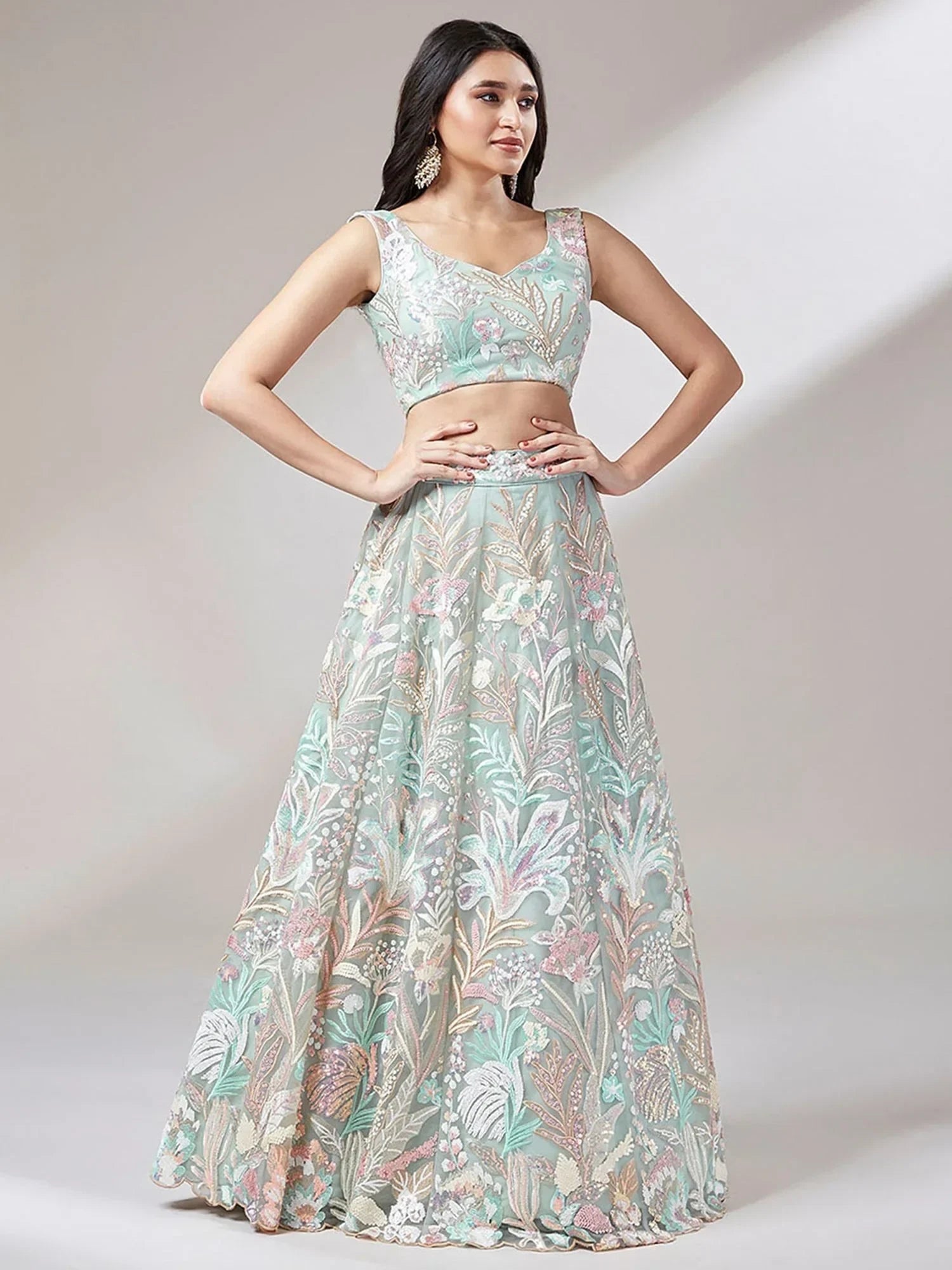 Dazzling Pista Green Sequins Soft Net Engagement Wear Lehenga Choli - Ethnic Plus In