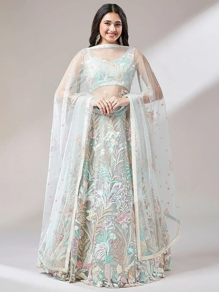 Dazzling Pista Green Sequins Soft Net Engagement Wear Lehenga Choli - Ethnic Plus In