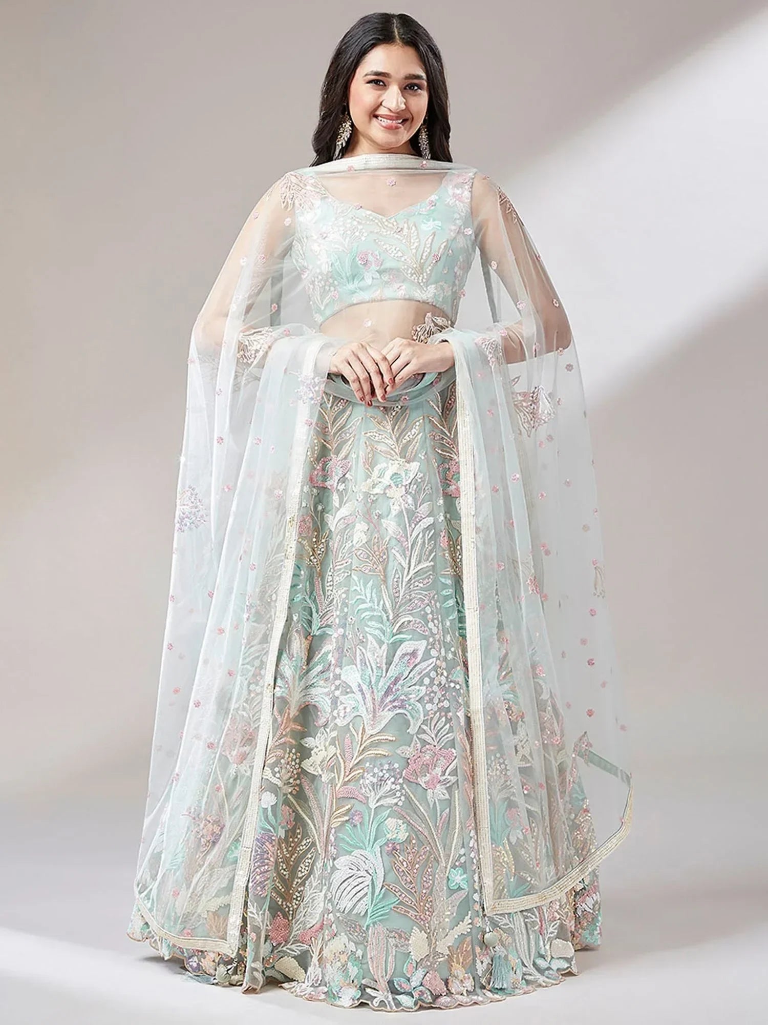 Dazzling Pista Green Sequins Soft Net Engagement Wear Lehenga Choli - Ethnic Plus In