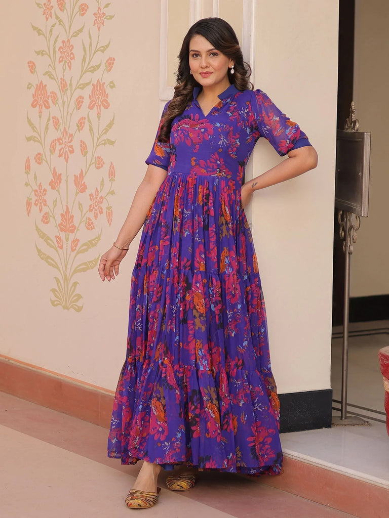 Purple floral ethnic gown with pleated skirt, perfect for Indian occasions and festive wear