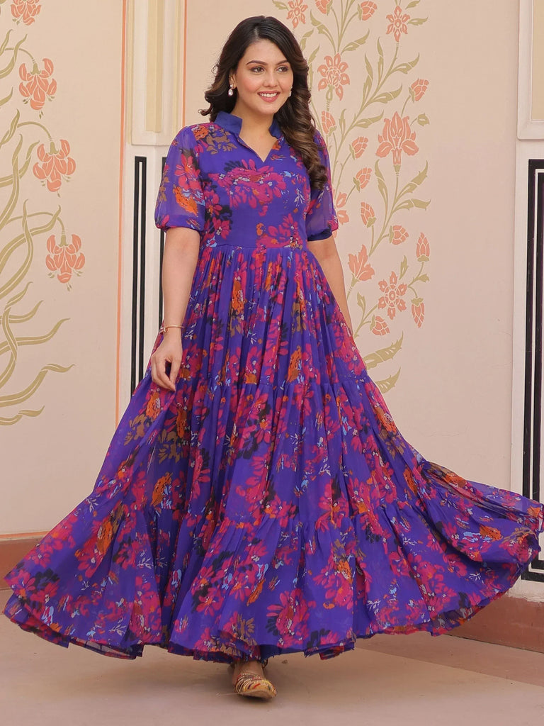 Purple floral ethnic gown with pleated skirt, perfect for Indian occasions and festive wear.