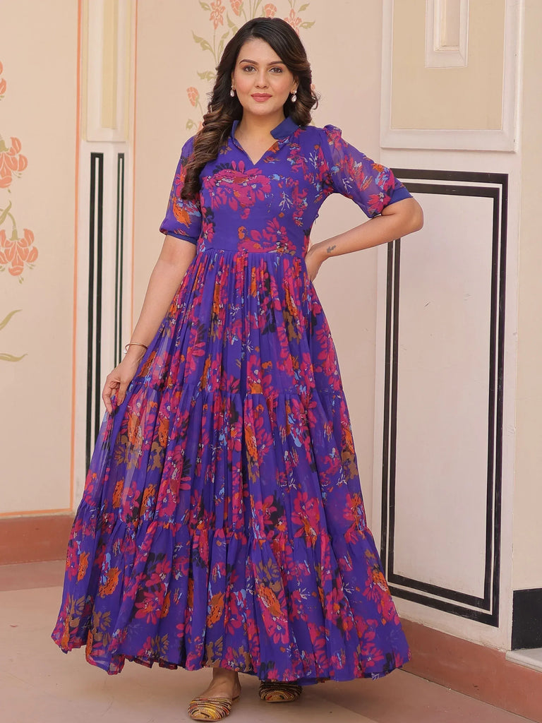 Purple floral ethnic gown with tiered skirt, perfect for Indian occasions and festive wear
