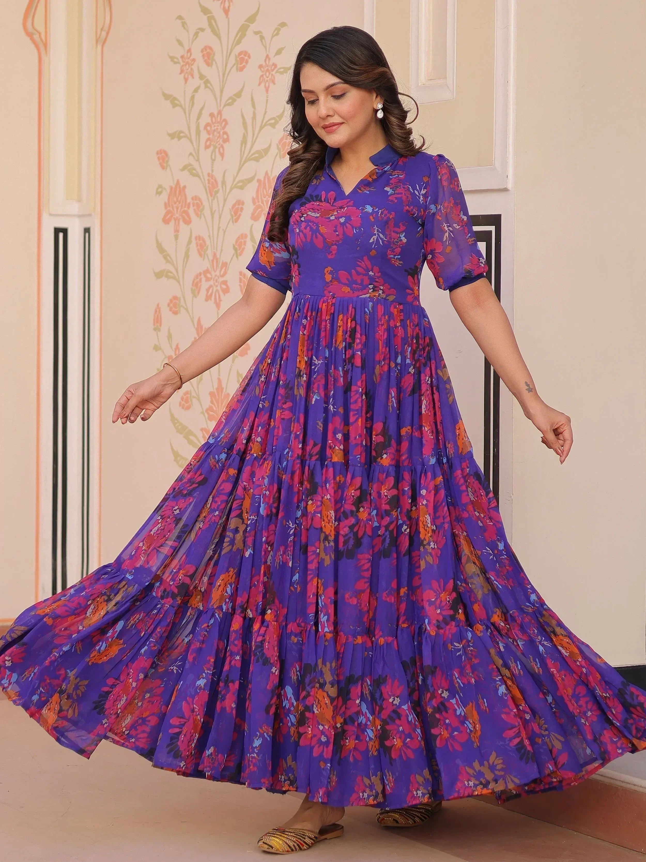 Purple floral ethnic gown with pleated skirt, perfect for Indian occasions and festive wear