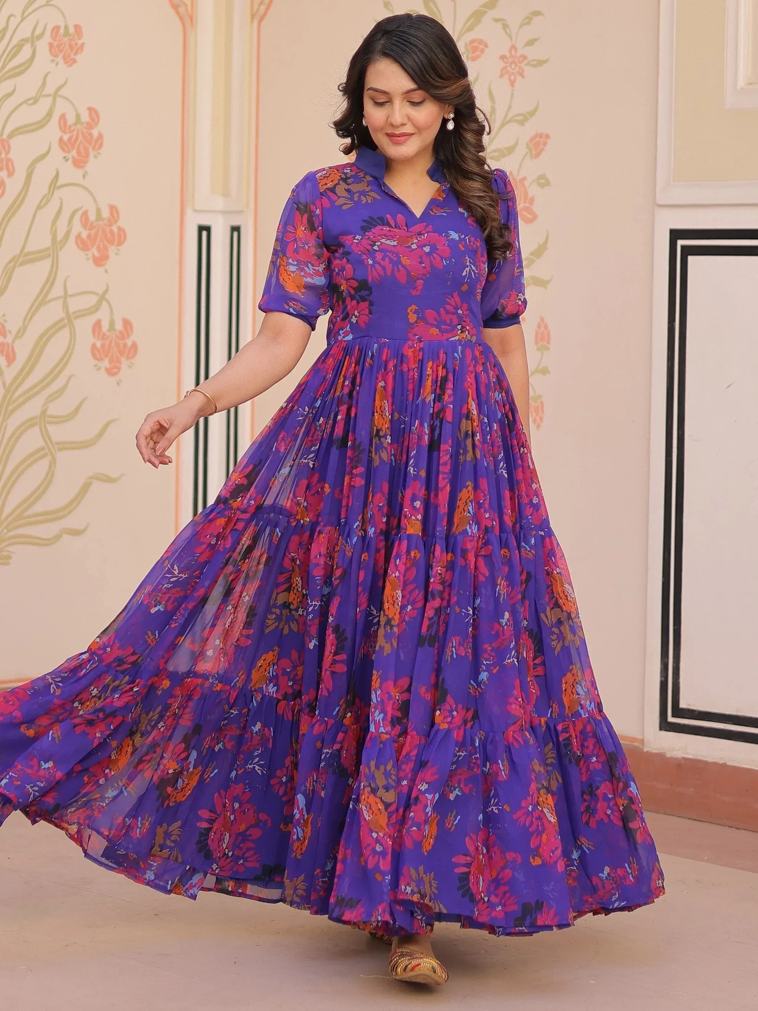 Purple floral ethnic gown with tiered skirt, perfect for Indian occasions and festive wear