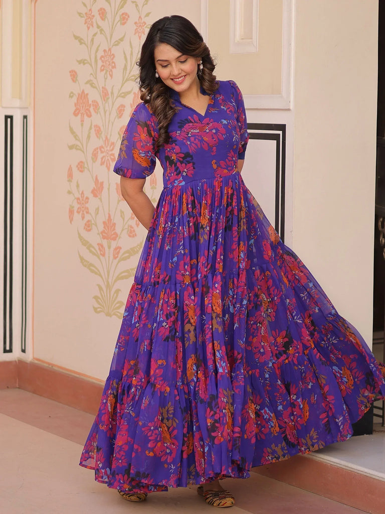Purple floral ethnic gown with puff sleeves and tiered skirt, perfect for Indian occasions