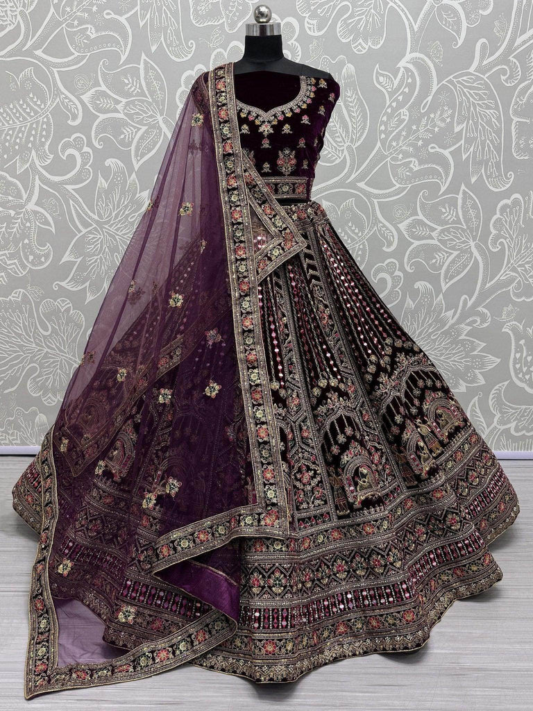 Dazzling Purple Velvet Bridal Lehenga Choli With Double Dupatta - Ethnic Plus In