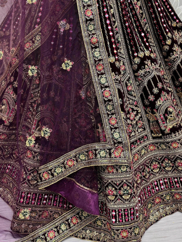 Dazzling Purple Velvet Bridal Lehenga Choli With Double Dupatta - Ethnic Plus In