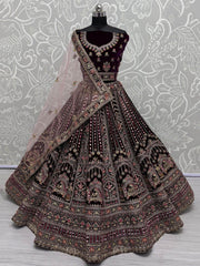Dazzling Purple Velvet Bridal Lehenga Choli With Double Dupatta - Ethnic Plus In