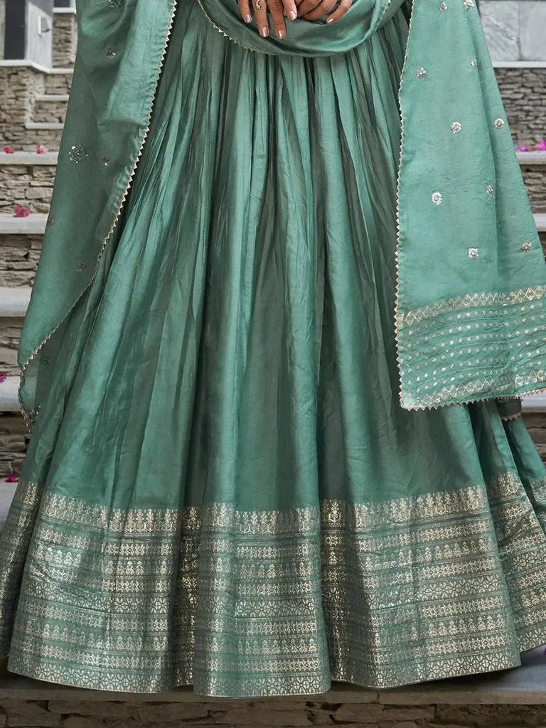 Dazzling Sea Green Zari Weaving Chanderi Silk Event Wear Lehenga Choli - Ethnic Plus In