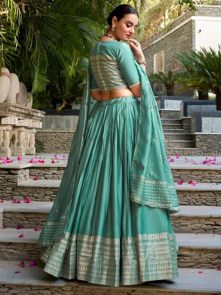 Dazzling Sea Green Zari Weaving Chanderi Silk Event Wear Lehenga Choli - Ethnic Plus In