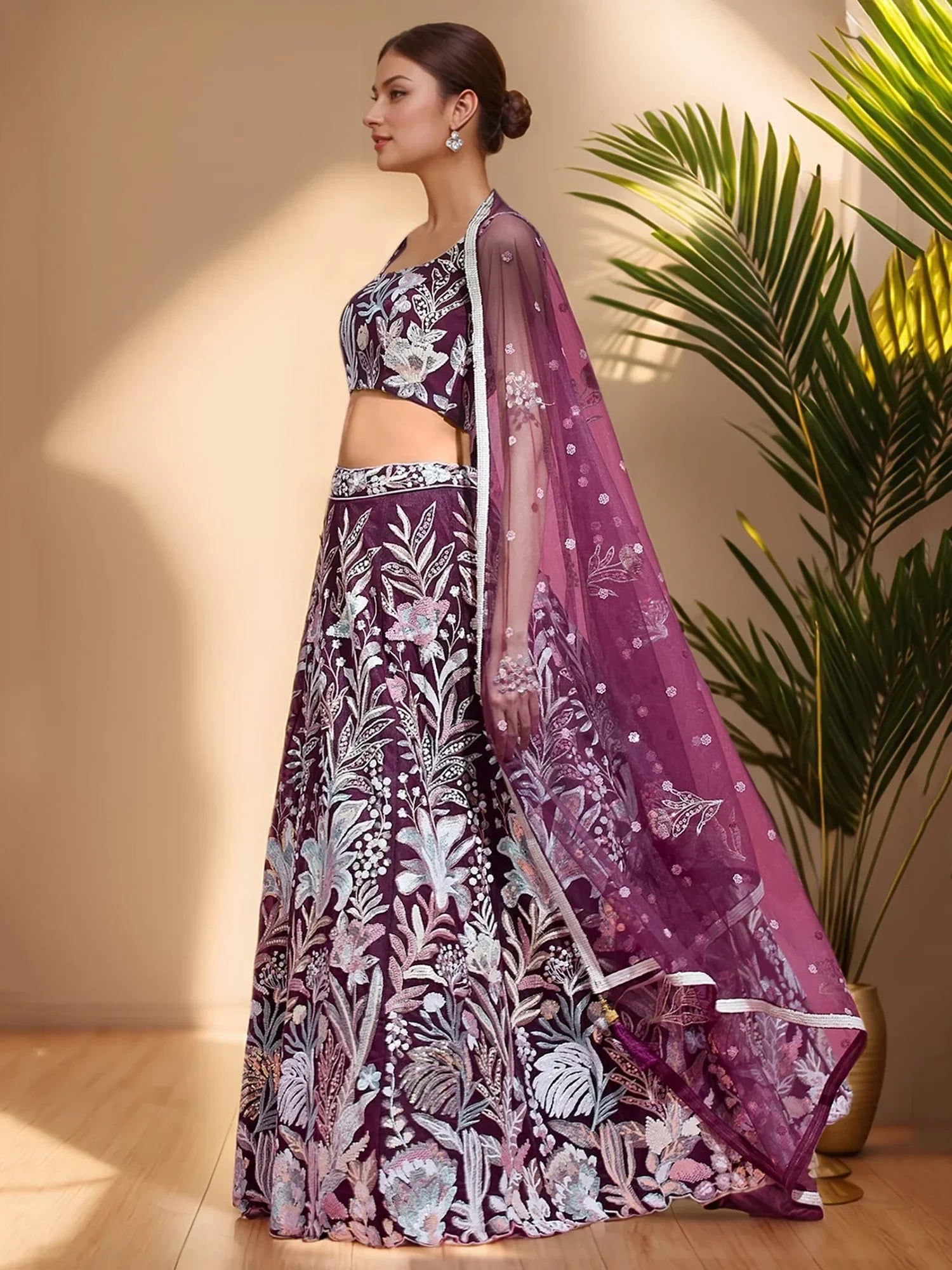 Purple floral embroidered lehenga choli with sheer dupatta, Indian ethnic wear for women