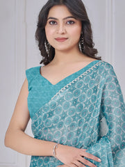 Dazzling Sky-Blue Digital Printed Organza Traditional Saree With Blouse