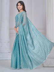 Dazzling Sky-Blue Digital Printed Organza Traditional Saree With Blouse