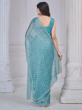 Dazzling Sky-Blue Digital Printed Organza Traditional Saree With Blouse