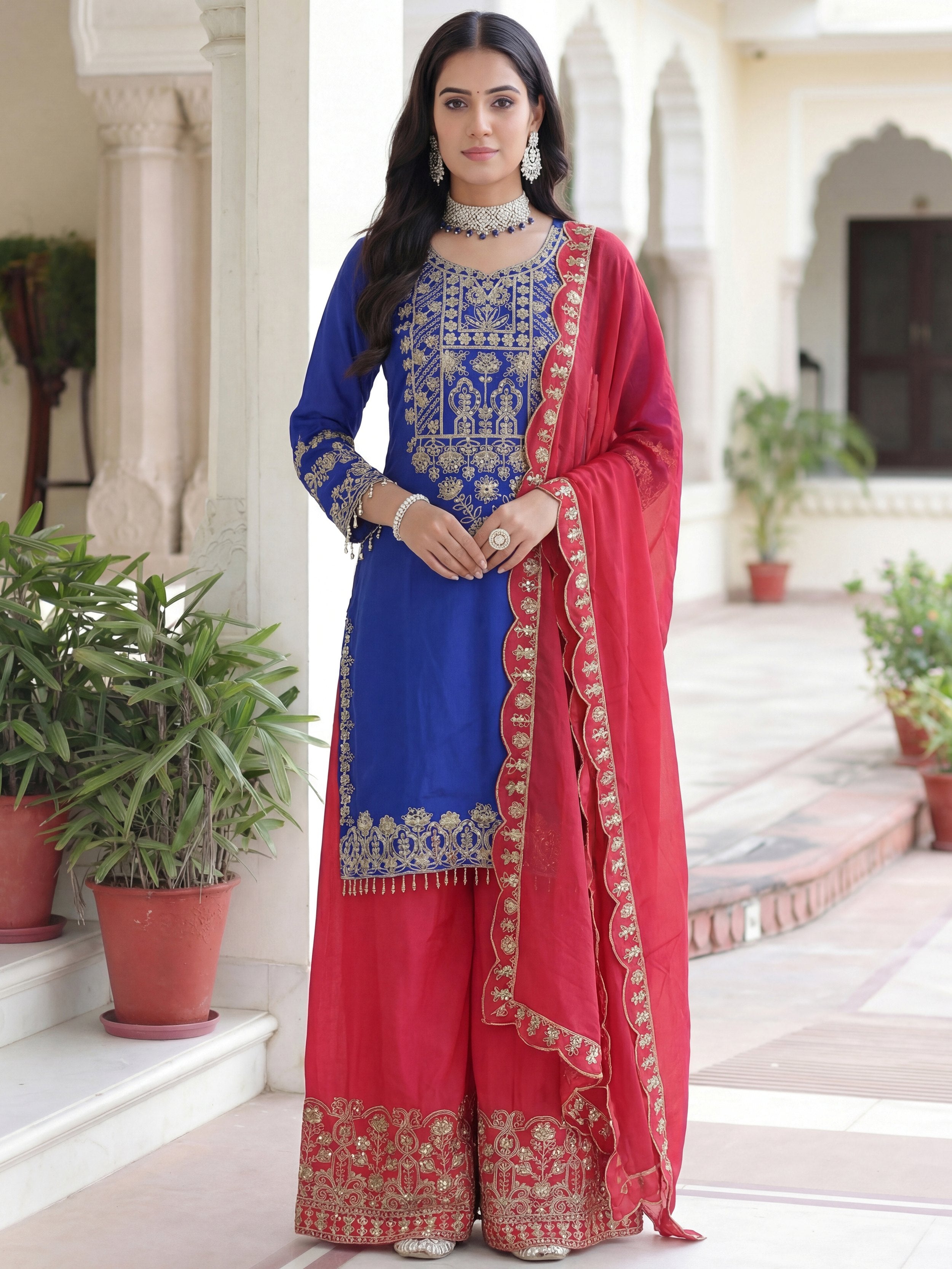 Adorable Blue Embroidered Chinon Function Wear Palazzo Suit