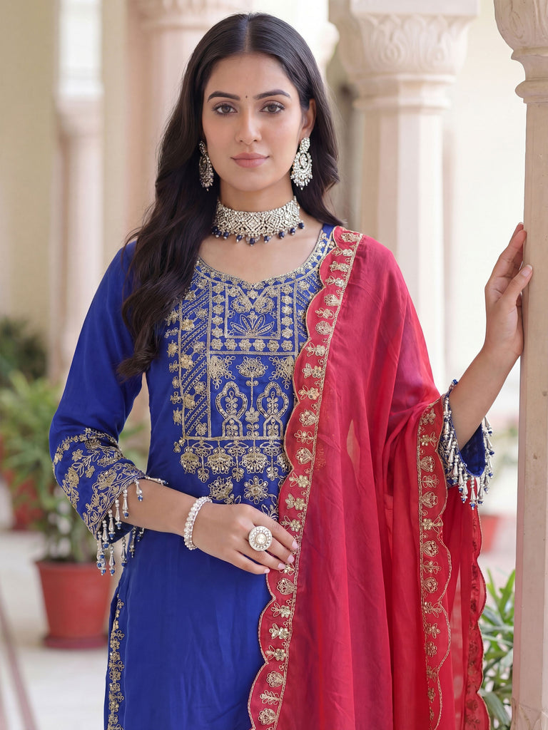 Adorable Blue Embroidered Chinon Function Wear Palazzo Suit