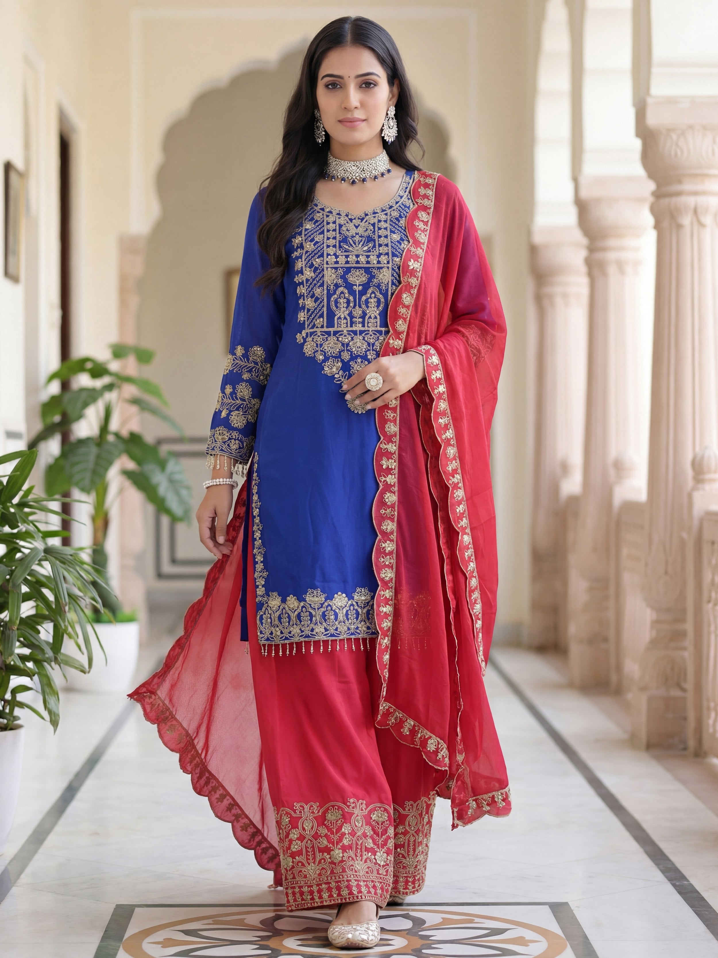 Adorable Blue Embroidered Chinon Function Wear Palazzo Suit