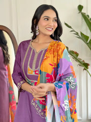 Gorgeous Purple Thread Embroidered Viscose Straight Suit