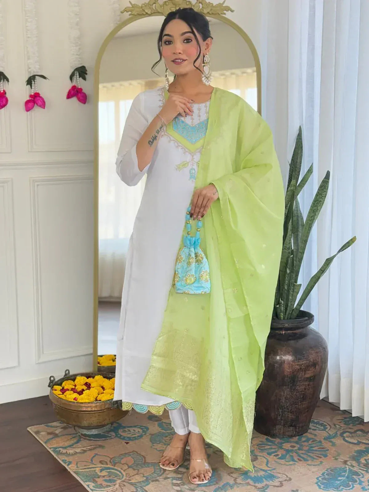 White and lime green embroidered salwar kameez with dupatta, perfect for Indian ethnic wear occasions