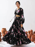 Dearest Black Floral Printed Chinon Party Wear Crop Top Lehenga - Ethnic Plus In