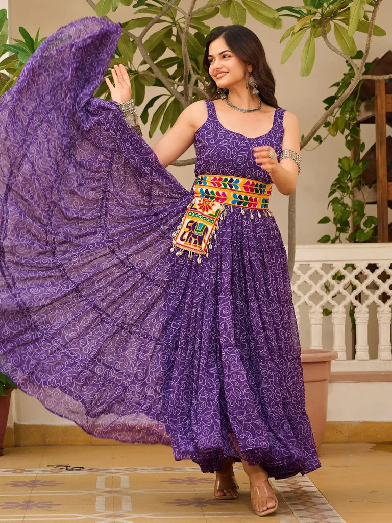 Delicate Purple Bandhani Print Georgette Navratri Wear Gown - Ethnic Plus In