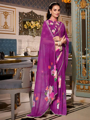Delicate Purple Georgette Floral Print Saree With Blouse - Ethnic Plus In