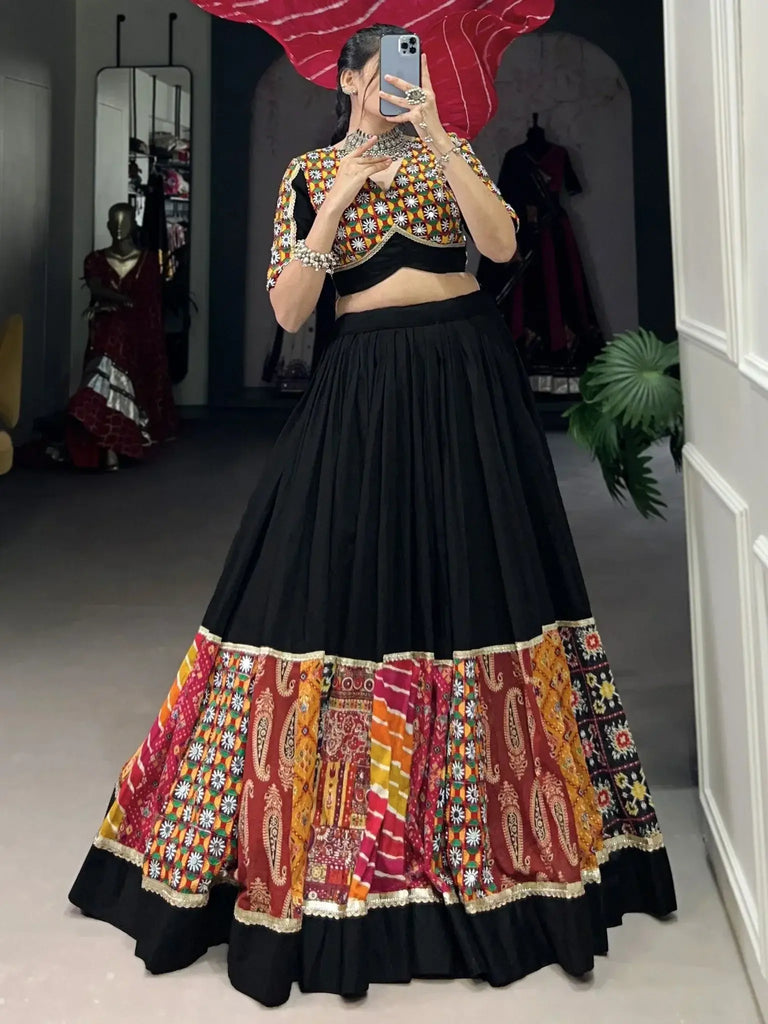 Delightful Black Color Gamthi Work Rayon Navratri Lehenga Choli - Ethnic Plus In