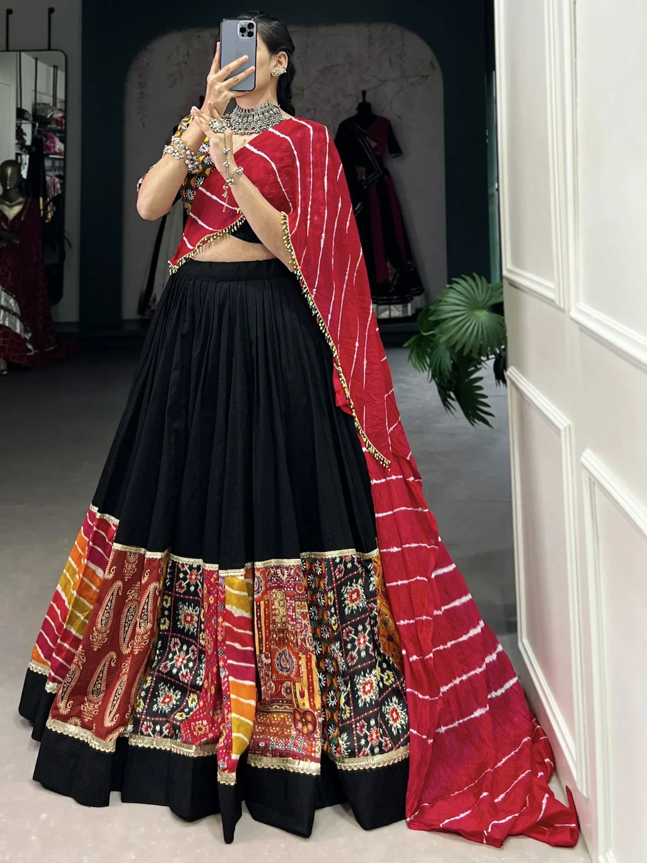 Red and black embroidered lehenga choli with tie-dye dupatta, Indian ethnic wear
