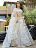 Delightful Light Grey Sequins Silk Reception Wear Lehenga With Blouse - Ethnic Plus In