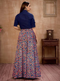 Delightful Navy Blue Floral Printed Silk Party Wear Lehenga - Ethnic Plus In