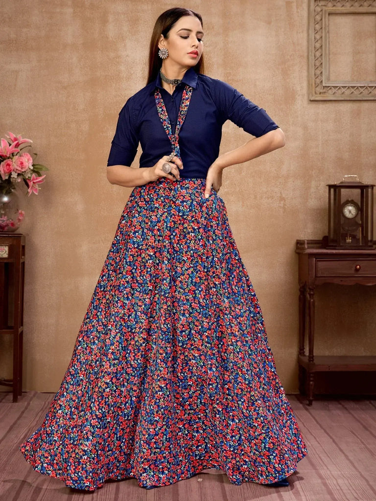 Delightful Navy Blue Floral Printed Silk Party Wear Lehenga - Ethnic Plus In
