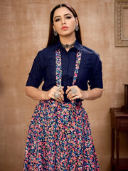 Delightful Navy Blue Floral Printed Silk Party Wear Lehenga - Ethnic Plus In