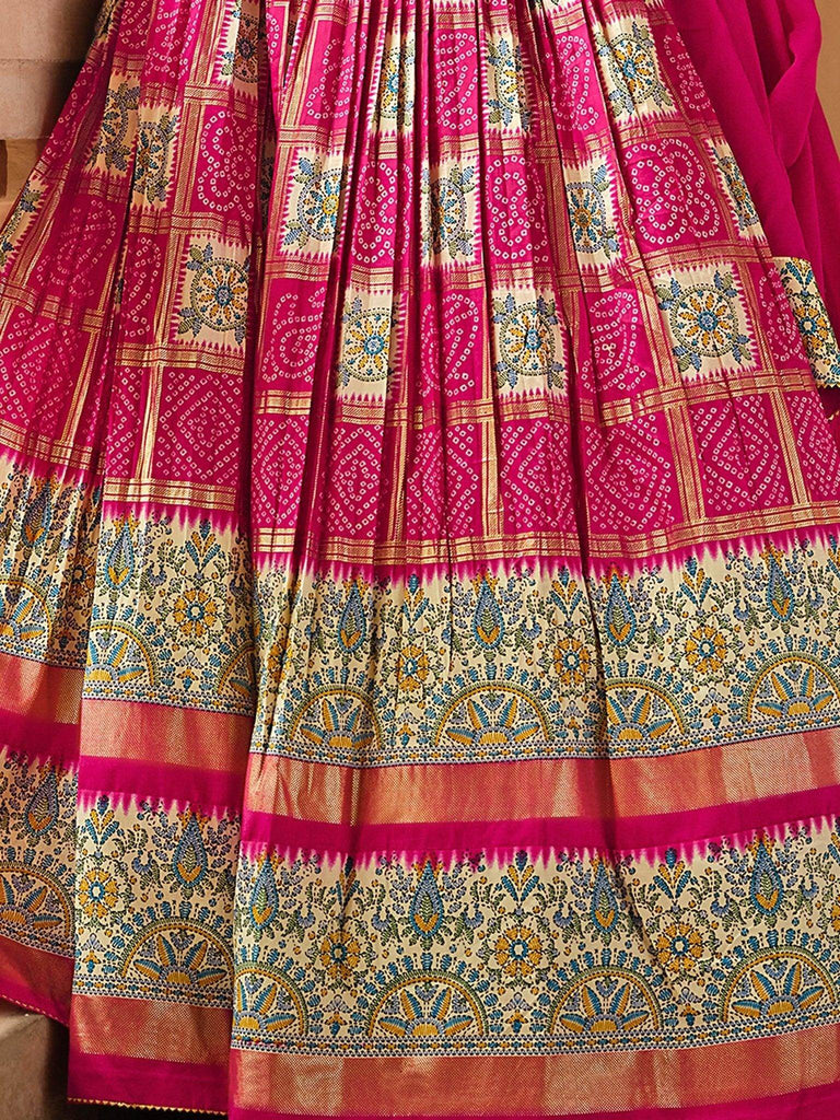 Delightful Pink Bandhani Printed Silk Lehenga Choli With Dupatta - Ethnic Plus In