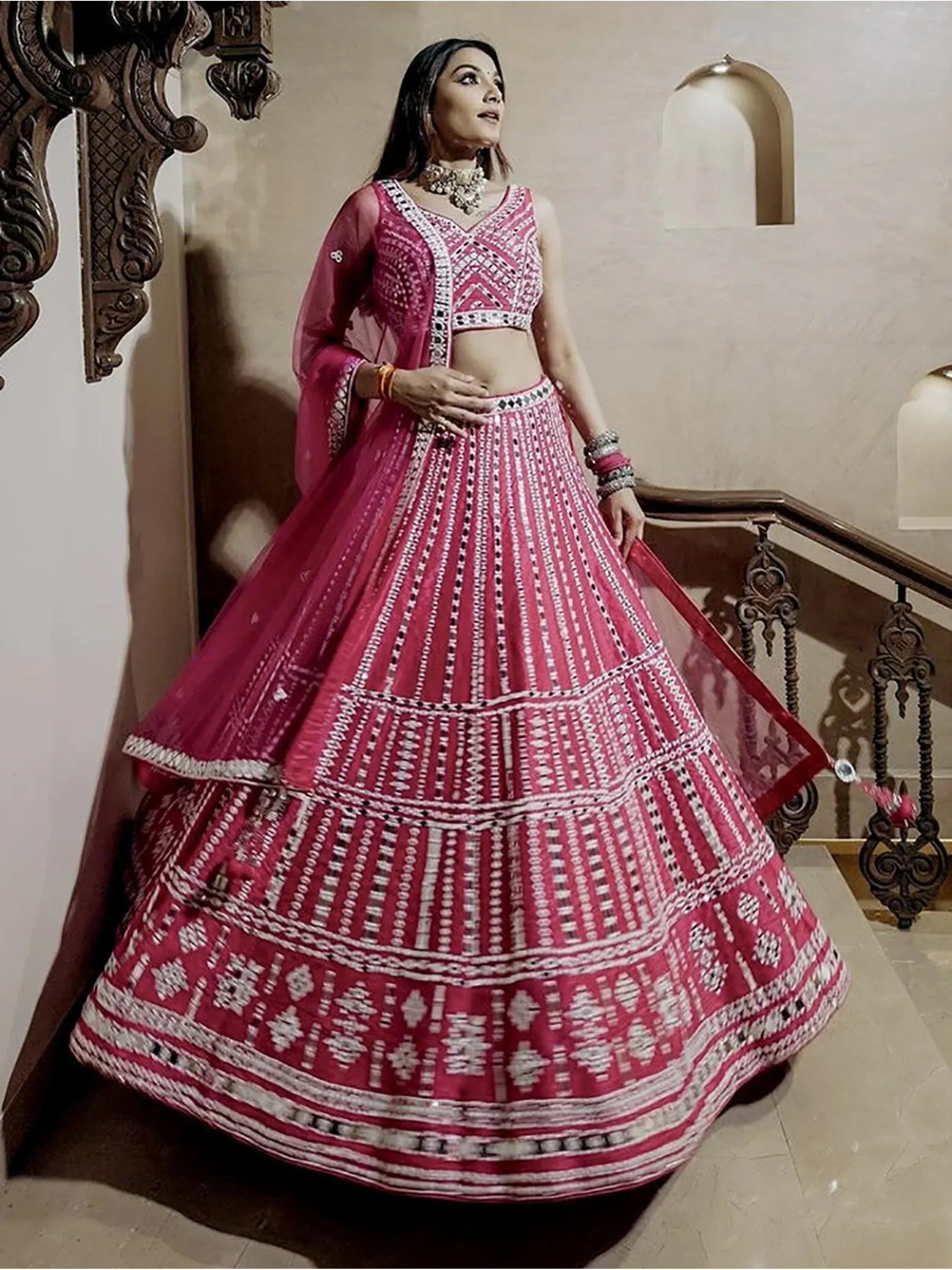 Pink embroidered lehenga choli with dupatta, Indian ethnic wear for weddings and festivals