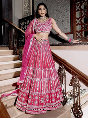 Delightful Pink Mirror Work Silk Bridesmaid Lehenga Choli With Dupatta - Ethnic Plus In