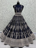 Demanding Navy Blue Embroidered Satin Party Wear Lehenga Choli - Ethnic Plus In