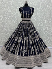 Demanding Navy Blue Embroidered Satin Party Wear Lehenga Choli - Ethnic Plus In
