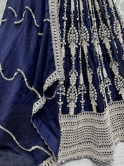 Demanding Navy Blue Embroidered Satin Party Wear Lehenga Choli - Ethnic Plus In