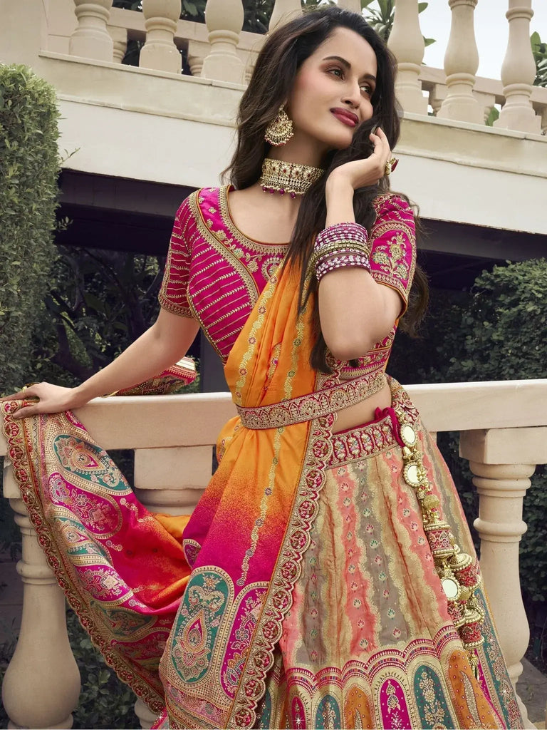 Demanding Yellow Embroidered Silk Wedding Lehenga Choli With Dupatta - Ethnic Plus In