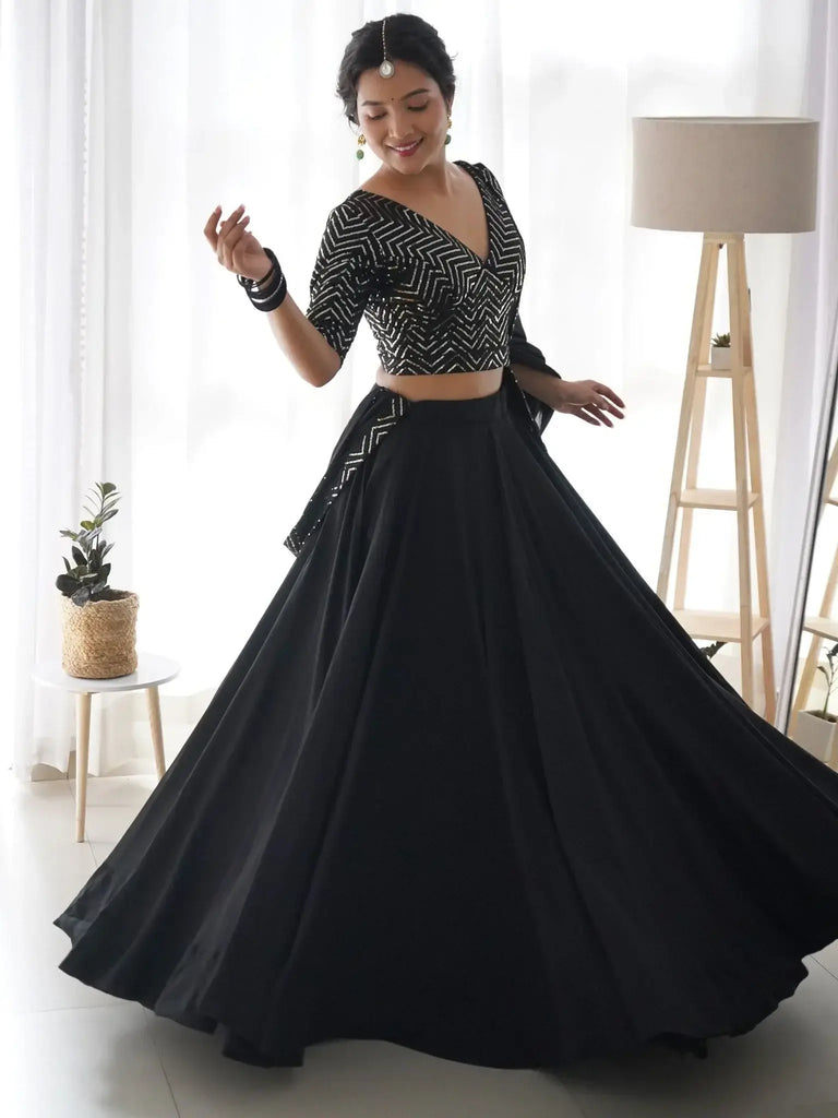 Desirable Black Color Sequins Georgette Event Wear Lehenga Choli - Ethnic Plus In