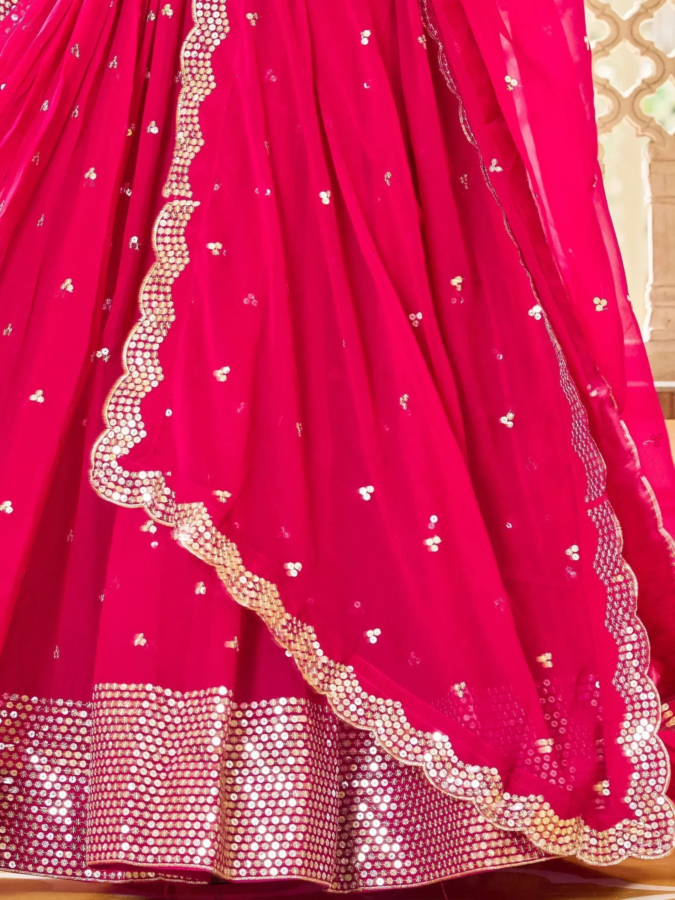 Red lehenga with gold sequin embroidery and scalloped border, Indian ethnic wear