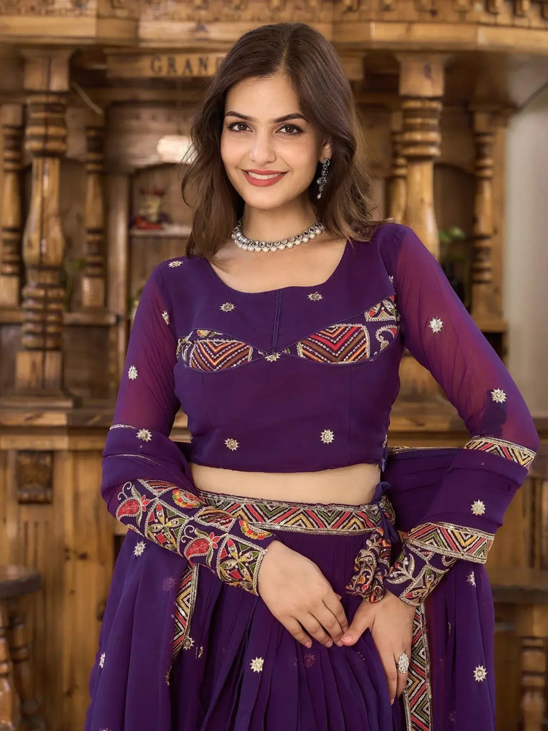 Desirable Purple Sequins Georgette Navratri Wear Lehenga Choli - Ethnic Plus In