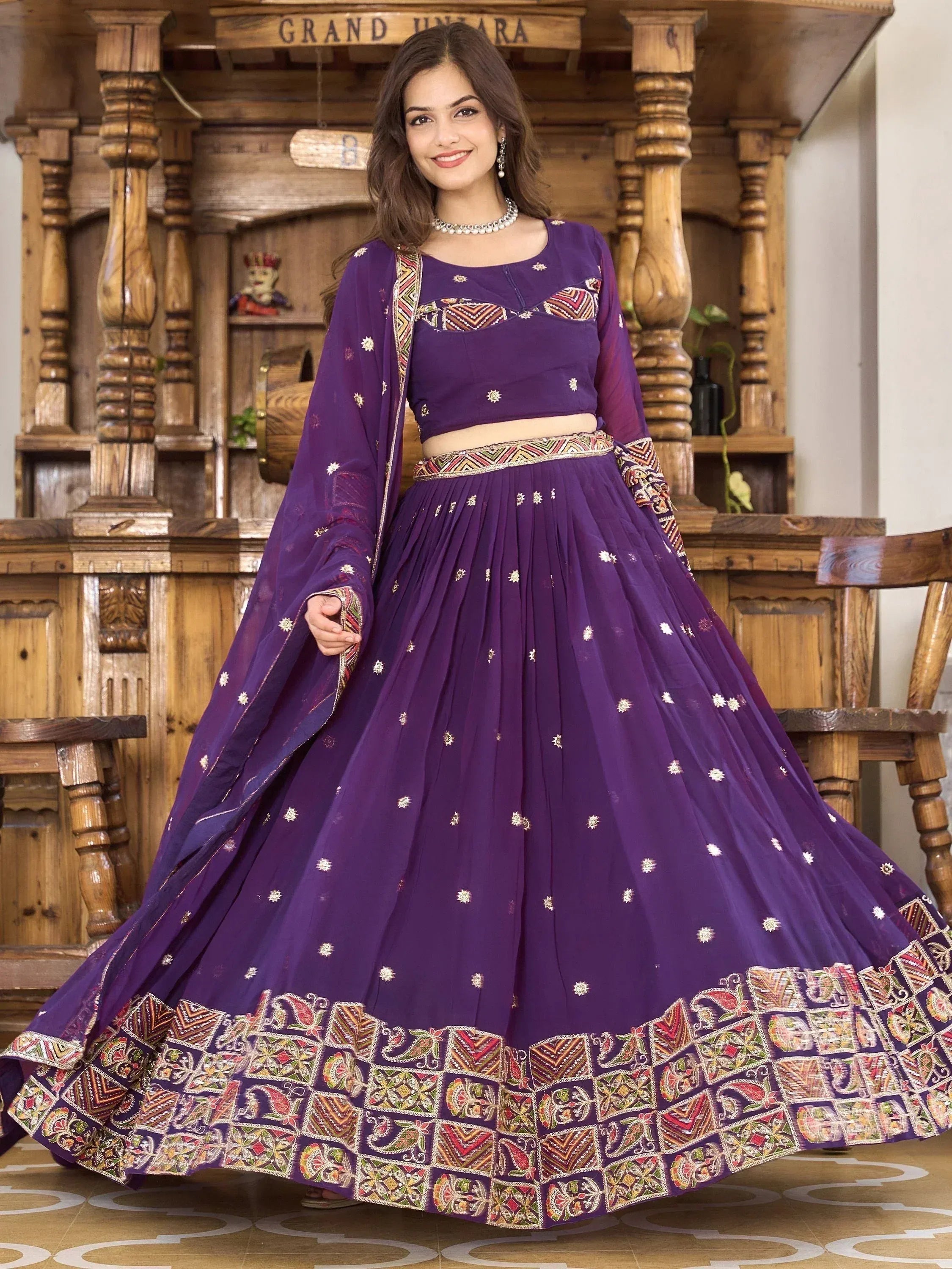 Purple embroidered lehenga choli with floral border, Indian ethnic wear for women