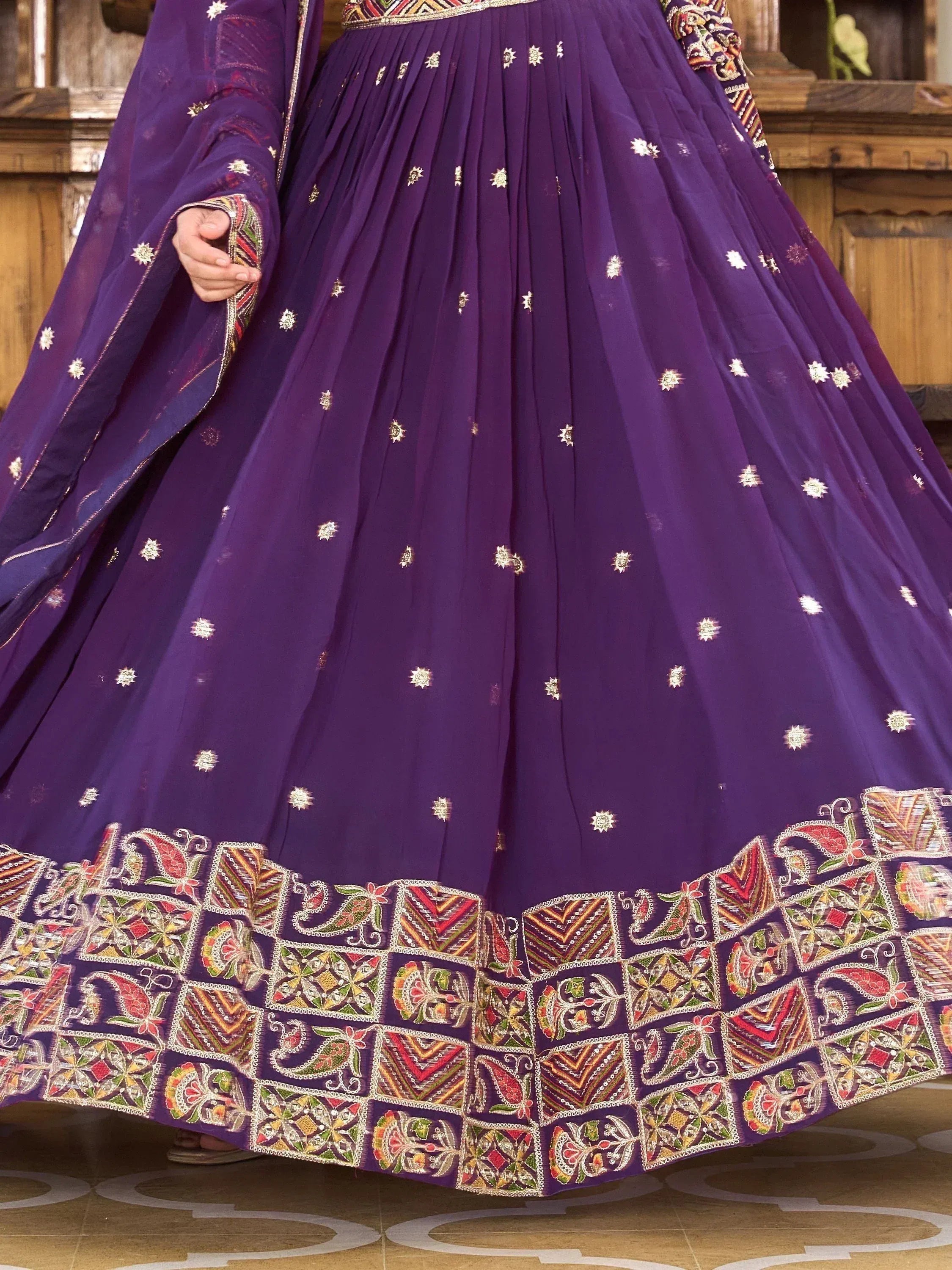 Purple embroidered lehenga choli with floral border, Indian ethnic wear