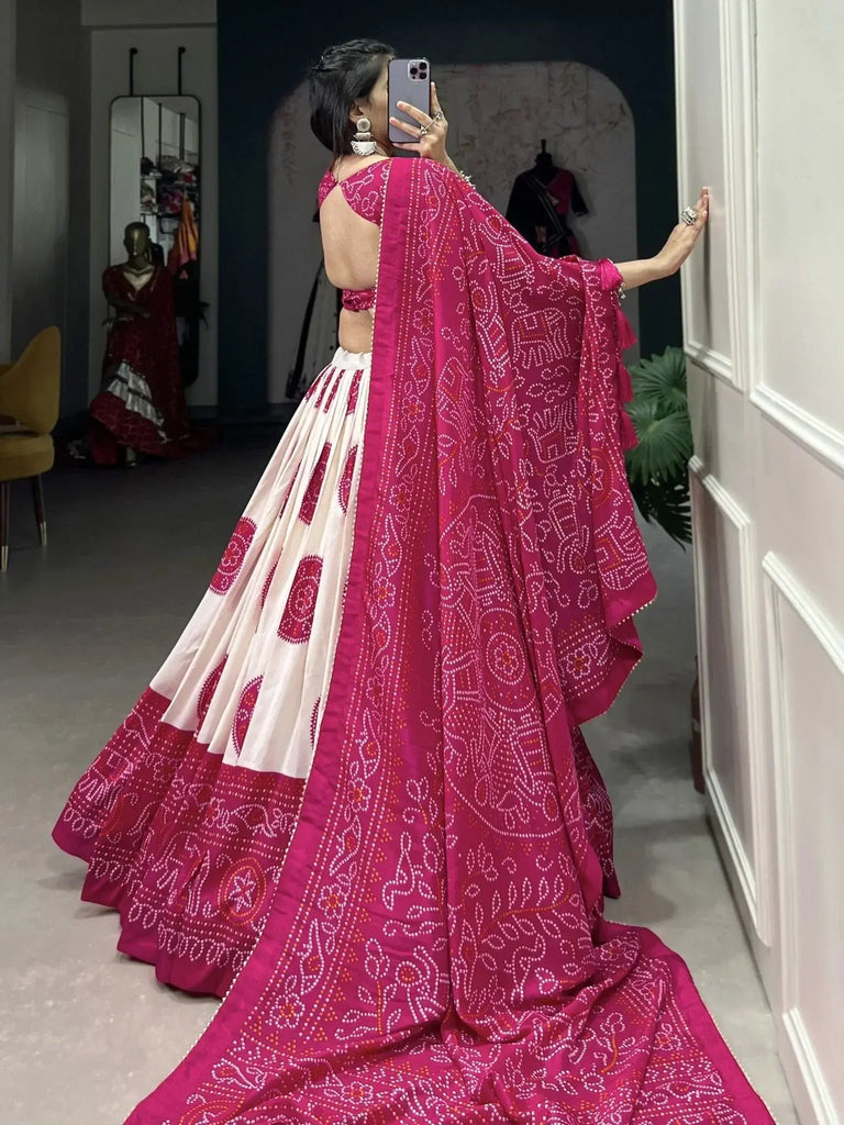 Desirable Rani Pink Bandhani Printed Tussar Silk Function Wear Lehenga Choli - Ethnic Plus In