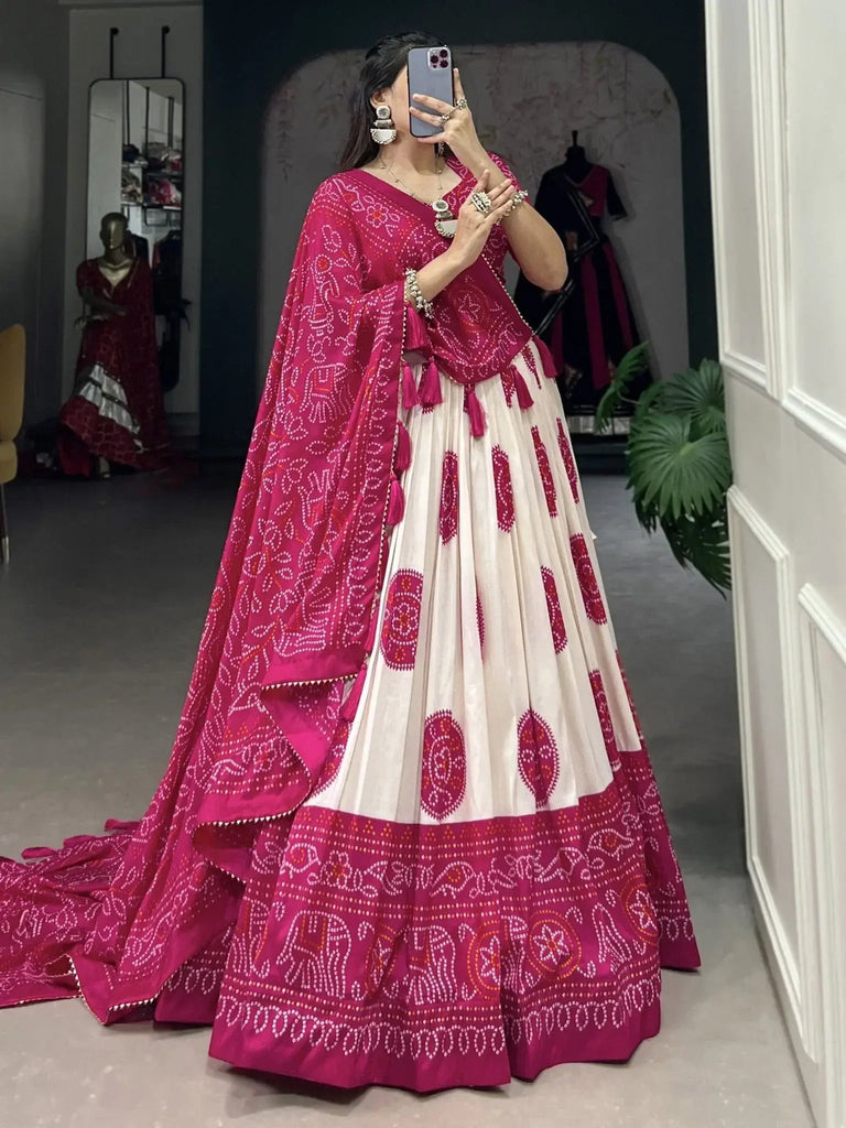 Desirable Rani Pink Bandhani Printed Tussar Silk Function Wear Lehenga Choli - Ethnic Plus In